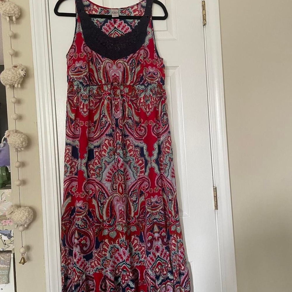 Bila red, blue, and white paisley maxi dress with lace trim, size L